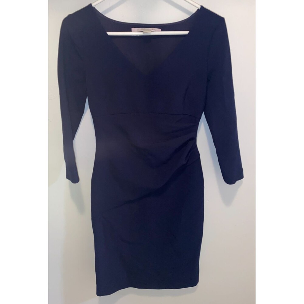 Diane Von Furstenberg Women Sz 0 Navy Blue V-Neck Ruched Sheath Dress Stretch